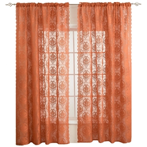 Elegant burnt orange lace curtains with damascus patterns and scalloped lace edges
