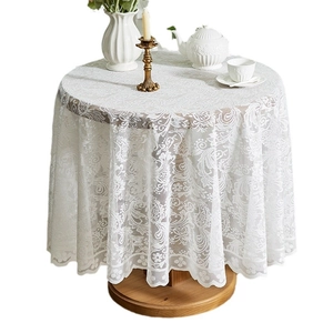French country style white lace round tablecloth with elegant floral crochet and ruffled edges