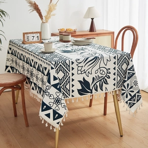 Bohemian Floral Geometric Print Tablecloth Rectangular Cotton Polyester Blend With Tassel Edge Nordic Style Dining Room Decor