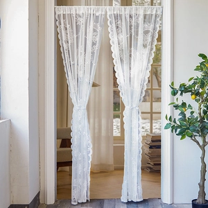 French retro white lace door curtain with floral embroidery and scalloped edges