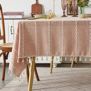 Vintage coral cotton linen tablecloth with white stripes and elegant fringe tassels