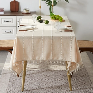 Rectangle beige cotton linen tablecloth with tassel fringe for rustic dining decor