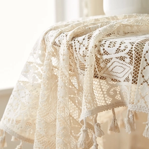 Thick beige cotton linen tablecloth with lace hollow patterns and cotton fringe tassels
