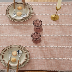 Vintage terracotta cotton linen tablecloth with white embroidered geometric lace pattern