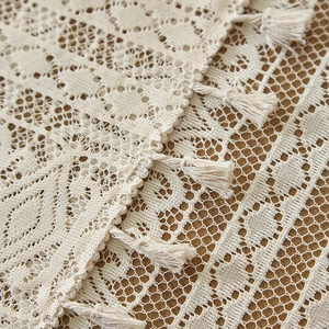 Bohemian off-white lace tablecloth with hollow embroidery and cotton fringe tassels