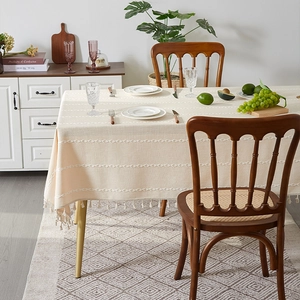 Bohemian cream cotton linen tablecloth with tassel edges and jacquard stripes