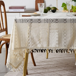 Bohemian ivory hollow lace tablecloth with cotton tassels for a pastoral dining decor