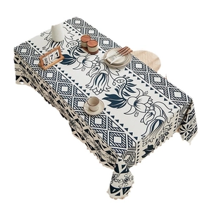 Linen rectangle tablecloth with navy ethnic print and fringe edges for home and hotel use