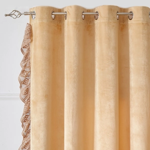Close-up of velvet thermal curtain with delicate lace trim and silver hanging metal rings