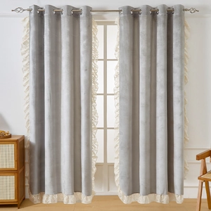 Solid Color Blackout Curtain French Vintage Ruffle Window Treatment Polyester Chenille Velvet Drape With Lace Edge For Bedroom