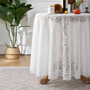 French country style white round lace tablecloth with floral patterns and ruffled edges