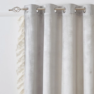 Silver grey chenille curtain with beige lace ruffle trim and silver grommets detail