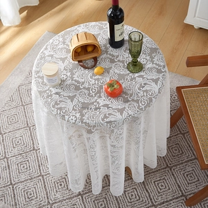 French style white round lace tablecloth with floral hollow patterns and ruffled edges