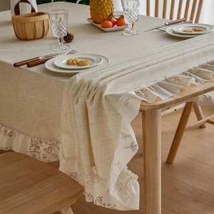 Linen rectangular tablecloth with vintage floral lace ruffles for rustic dining decor