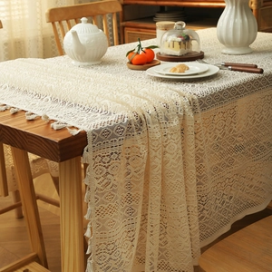 Bohemian beige lace tablecloth with hollow crochet floral patterns and tassel edges