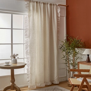French country style thick linen blackout curtain in beige with delicate lace border