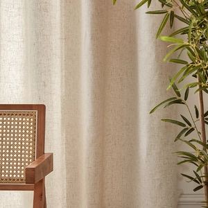 Thick retro linen blackout curtains in beige for living room with natural texture and drape