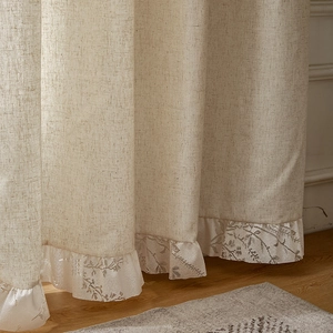 Vintage linen curtain with white lace ruffle hem and floral embroidery details