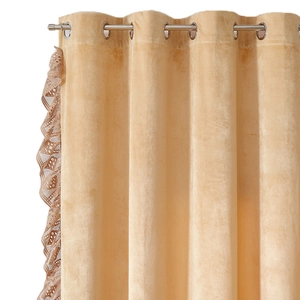 Thick light coffee velvet blackout curtain with delicate floral lace and silver grommets