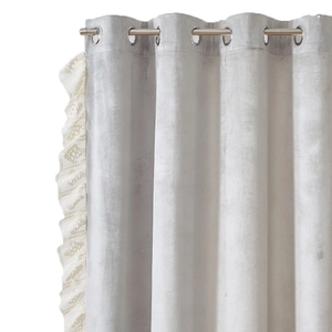 Elegant silver grey chenille blackout curtain with white lace ruffle and metal grommets
