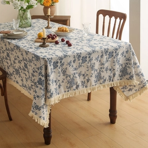 French Vintage Polyester Floral Printed Tablecloth With Tassel Edge Rectangular Dustproof Table Cloth For Dining Picnic Party Decor
