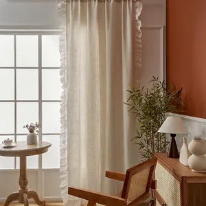 Linen Cotton Curtains Ruffle Edge Lace Trim Semi-Blackout French Country Style Rod Pocket Window Drapes For Living Room