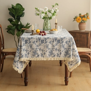 Blue floral cotton linen rectangle tablecloth with tassel fringe for rustic dining