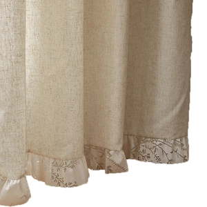 Linen blackout curtain with vintage beige fabric and decorative floral lace hem detail