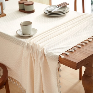 Japanese retro cream tablecloth with herringbone weave and elegant tassel edges