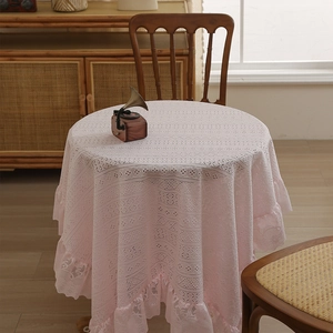 Pink vintage lace tablecloth with retro ruffles for round dining table decoration