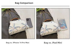 Size comparison of floral embroidery bag with iPad Mini and iPhone 14 Pro Max