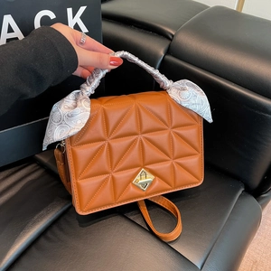 Women Geometric Quilted Crossbody Handbag PU Leather Satin Scarf Wrap Handle Golden Lock Fashion Square Purse Daily Use