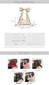 Detailed size chart and multi-color options for the punk style studded bow shoulder bag