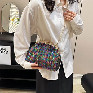 Iridescent sequin shell bag with gold chain strap and crystal clasp for women