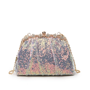 Iridescent mermaid sequin shell bag with crystal flower detail and gold chain strap