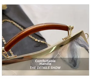 Detailed view of the gold metal frame and amber-textured resin handle of the evening bag