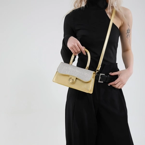 Elegant gold mirror leather handbag with rhinestone flap and metal handle for women
