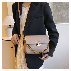Detailed macro view of the beige pebble leather texture and gold chain on the bag
