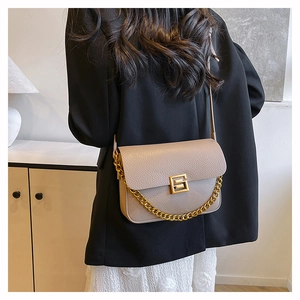 Detail showing the taupe pebbled leather and chunky gold chain strap of this shoulder bag