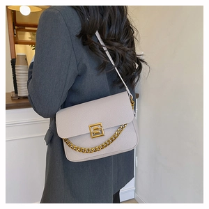 Close-up of litchi texture leather and golden G-logo buckle on beige crossbody bag