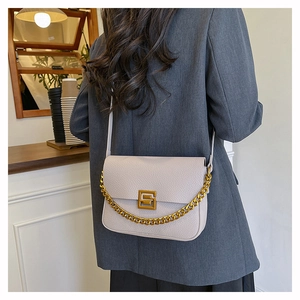 Rear view of a light gray lychee leather bag with gold chain and metal S buckle detail