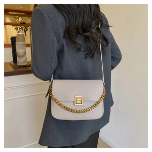 Detail of light grey pebbled leather crossbody bag with gold chain and metal buckle