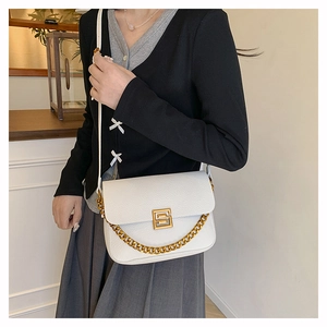 Detail of white lychee leather texture and gold metal chain buckle on crossbody bag