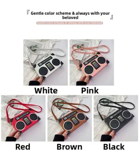 Retro radio-shaped crossbody bags displayed in white, pink, red, brown and black colors