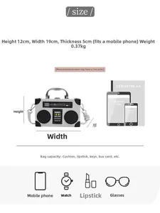Detailed size chart showing 19x12x5cm dimensions for vintage radio crossbody bag