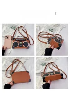 Detailed multi-angle views of a retro radio-shaped crossbody bag in vintage orange PU leather