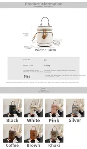 Close-up of small cylindrical bucket bag with pebble leather texture and metal detail