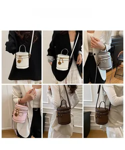 Detail view of vintage bucket bags in various colors on models for different styles