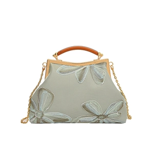 Retro light green handbag with mesh flower embroidery and golden metal chain strap