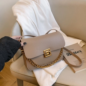 Women Lychee Pattern PU Leather Shoulder Bag Retro Small Square Crossbody Bag With Gold Chain And Square Buckle